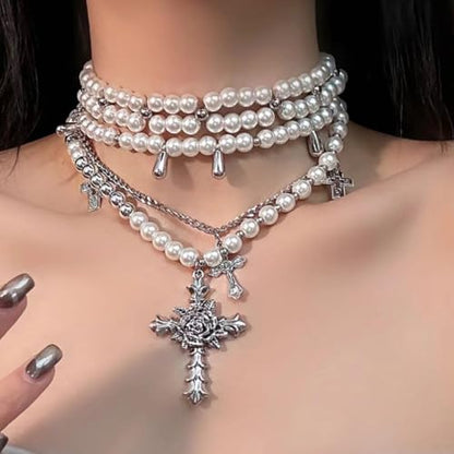 Layered Pearl Necklace Gothic Cross Pearl Stacked Necklace for Women | Statement Chunky Silver Choker Necklace