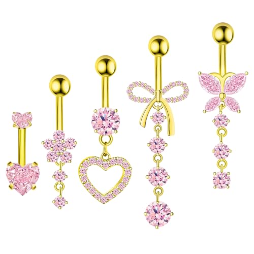 BSJ4U Belly Button Ring Dangle Navel Belly Piercing Jewelry Cute Pink CZ Heart Butterfly Bow Flower Navel Belly Rings for Women 14G Silver Stainless Steel Dainty Dangly Dangling Belly Button Piercing - color: Gold Plated Pink CZ Belly Button Rings