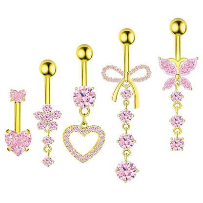 BSJ4U Belly Button Ring Dangle Navel Belly Piercing Jewelry Cute Pink CZ Heart Butterfly Bow Flower Navel Belly Rings for Women 14G Silver Stainless Steel Dainty Dangly Dangling Belly Button Piercing - color: Gold Plated Pink CZ Belly Button Rings
