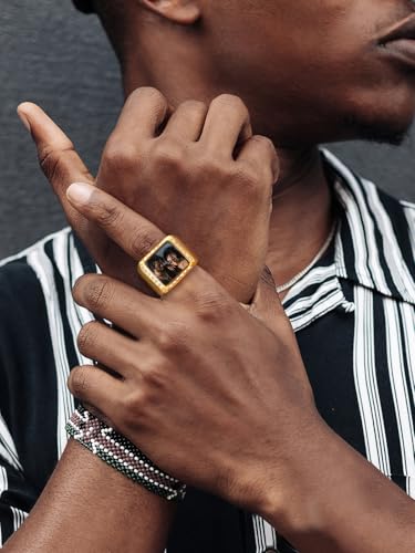 FindChic Customized Signet Photo Rings Square/Heart/Round Chunky Band Ring Stainless Steel/18K Gold Plated/Black Size 7 to 14 Personalized Jewelry for Men Women, Send Gift Box - color: 01. square (gold)