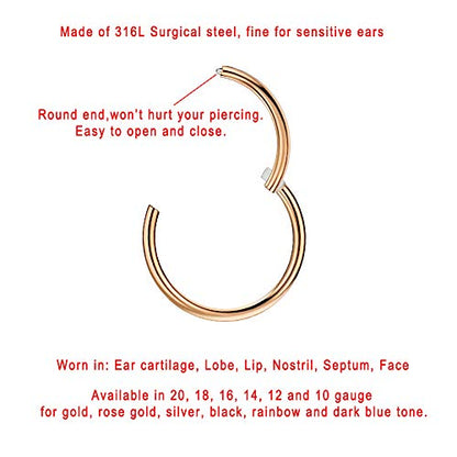 316L Surgical Steel Hypoallergenic Hinged Nose Ring Hoop for Women & Men | Seamless Clasp, Used in Nostril, septum, lip, and all ear piercings. 20 Gauge to 6 Gauge, Inner Diameter 5mm to 22mm - color: 18k rose gold-plated, size: 12 Gauge 16mm