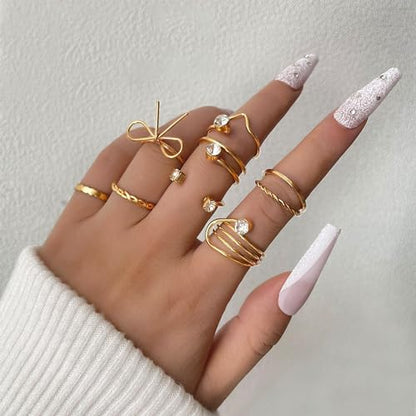 HUASAI Gold Stackable Rings Set for Women Boho Dainty Moon Star Pearl Leaf Cubic Zirconia Heart Midi Pinky Trendy Jewelry Birthday Gifts - color: Z16 Gold Bow Rings 8 Pcs