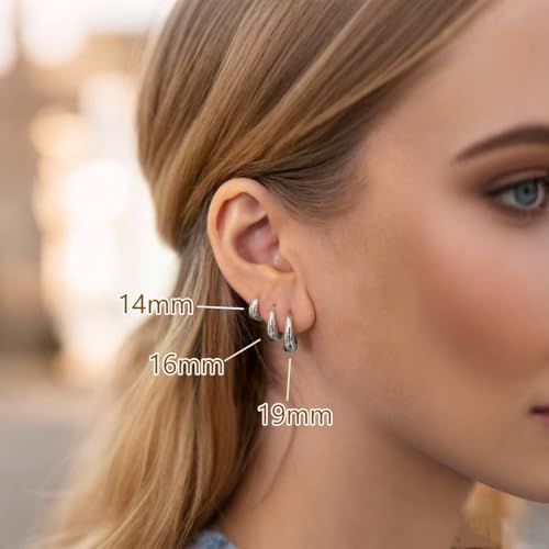 Chunky Small Hoop Earrings for Women 14mm/16mm/19mm Stainless Steel Huggie Earrings Everyday Jewelry Gift for Wife Mom, with Gift Box - color: Silver 19mm