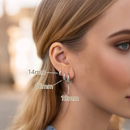 Chunky Small Hoop Earrings for Women 14mm/16mm/19mm Stainless Steel Huggie Earrings Everyday Jewelry Gift for Wife Mom, with Gift Box - color: Silver 19mm