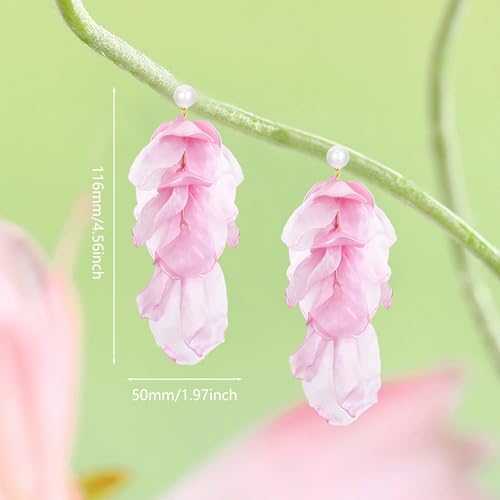 Handmade Bohemian Lightweight Fabric Flower Dangle Drop Earrings Chic Pearl Large Tassel Petal Stud Earrings For Women - color: Pearl Pink