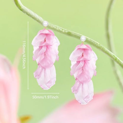 Handmade Bohemian Lightweight Fabric Flower Dangle Drop Earrings Chic Pearl Large Tassel Petal Stud Earrings For Women - color: Pearl Pink