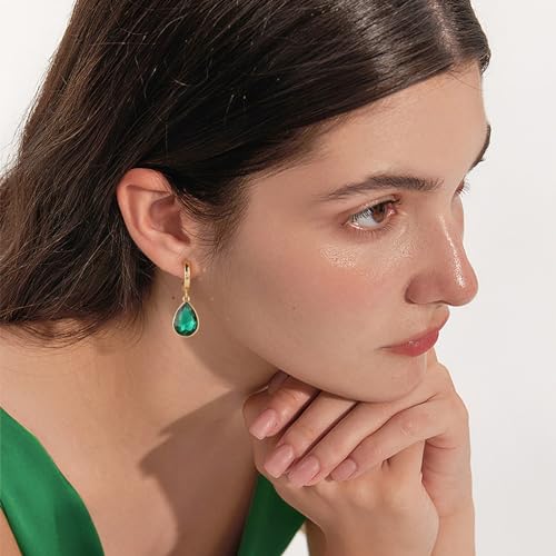 Crystals Teardrop Dangle Drop Earrings, 18K Gold Plated Hoop Earrings Zirconia Jewelry for Women Gifts - color: Green