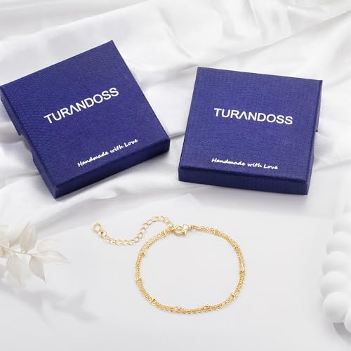 Turandoss Bracelets for Women Trendy | 14K Gold Plated, Dainty CZ Satellite Beads Heart Bracelet Stackable Link Chain Butterfly Bracelet Set Jewelry Gifts - color: Simple Beaded Link Bracelet