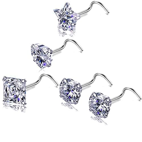 Nose Rings & Studs - 18g, 20g, 22g 14K Gold Bone Nose Studs for Women in Titanium Steel - color: 20g 5pcs Silver Screw Shaped 316L Surgical Steel