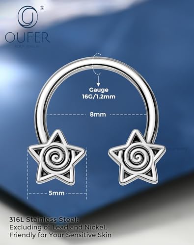 OUFER Septum Rings 16g Septum Jewelry Star Daith Earrings Gothic Tragus Helix Piercing Jewelry for Women Men - color: Black