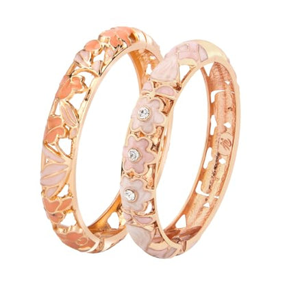UJOY Cloisonne Bracelet Lotus Flower Plated Cuff Bangle Enameled Jewelry Bracelets Gift for Women Pack in Case 88B16 - color: 2 Pcs/Set-Pink