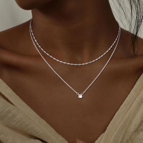 CHESKY Layered Silver Necklace for Women Trendy,Dainty Silver Plated Stackable Charm Necklace Layering Paperclip Tennis Rope Chain CZ Pendant Jewelry Set Gifts - style: CZ-wave