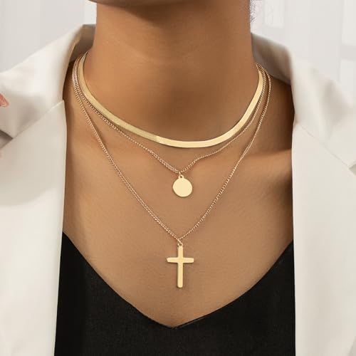 CSIYANJRY99 Layered Gold Necklaces for Women Chunky Gold Necklace Stack Layered Cuban Paperclip Snake Chain Necklace Retro Coin Dainty Pendant Toggle Clasp Necklace - style: Gold Cross Disc
