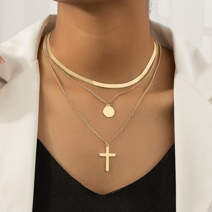 CSIYANJRY99 Layered Gold Necklaces for Women Chunky Gold Necklace Stack Layered Cuban Paperclip Snake Chain Necklace Retro Coin Dainty Pendant Toggle Clasp Necklace - style: Gold Cross Disc