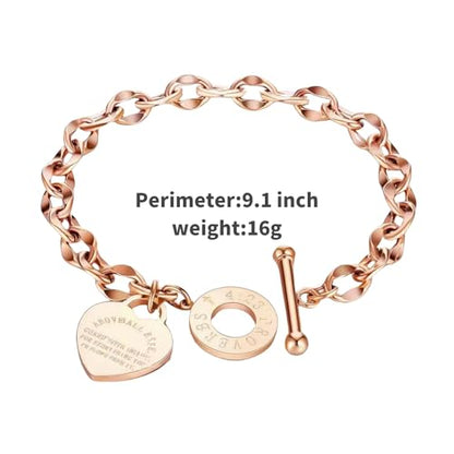 Heart Charm Bracelet Plated 18K Gold/Silver/Rose Gold Bible Scripture Heart Bracelet for Women Jewelry Gift Zircon Her Link Chain OT Clasp Stainless Steel Birthday - color: Rose Gold, size: 9.1 inch