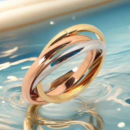 Interlocked Rolling Anxiety Fidget Ring for Women Men Stainless Steel Gold Siver Rose Triple Row Rolling Interlocking Statement Finger Rings Stress Relief Band Stacking Fashion Promise Jewelry - size: 9