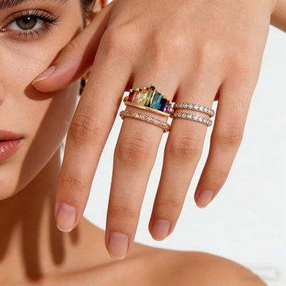 MALOYANVE Rhinestone Crown Open Ring for Women, Colorful Crystal Cubic Zirconia, Rainbow, Adjustable, Elegant Princess Queen Statement Promise Wedding Jewelry - color: Rose Gold