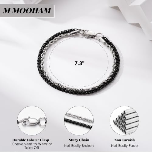 M MOOHAM Mens Bracelet, Black/Silver-Plated Chain Bracelets for Men | Stainless Steel Wheat Rope Figaro Cuban Link Chain Bracelet, Jewelry Gifts for Men, 7.3/8.5 Inch