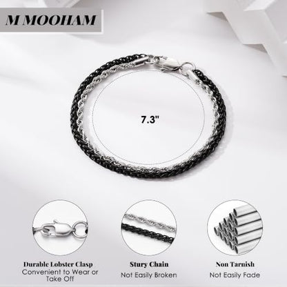 M MOOHAM Mens Bracelet, Black/Silver-Plated Chain Bracelets for Men | Stainless Steel Wheat Rope Figaro Cuban Link Chain Bracelet, Jewelry Gifts for Men, 7.3/8.5 Inch
