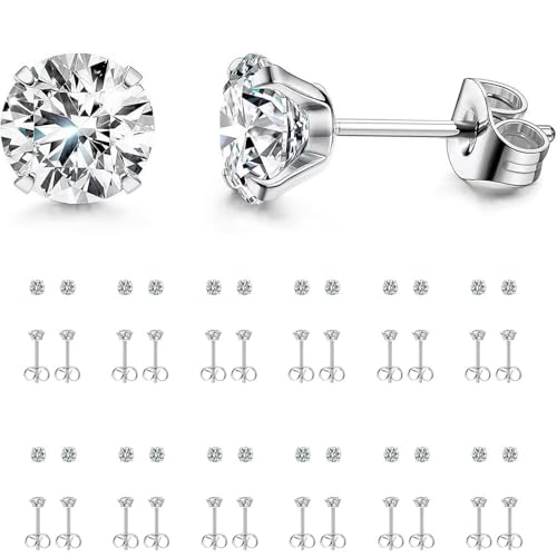 12 Pairs Stud Earrings Set, Hypoallergenic Surgical Stainless Steel 316L Earring for Women Men, Small Earring Studs Pack with Cubic Zirconia - color: Silver-4mm x 12 Pairs