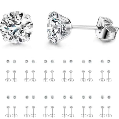 12 Pairs Stud Earrings Set, Hypoallergenic Surgical Stainless Steel 316L Earring for Women Men, Small Earring Studs Pack with Cubic Zirconia - color: Silver-4mm x 12 Pairs
