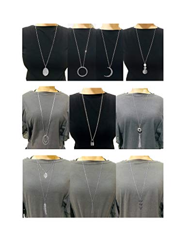 10Pcs Long Pendant Necklace Simple Moon Bar Three Triangle Tassel Lock Sweater Y Shape Punk Chain Choker Necklace for Women Men Gold Silver Plated - style: B:10Pcs Silver Tone