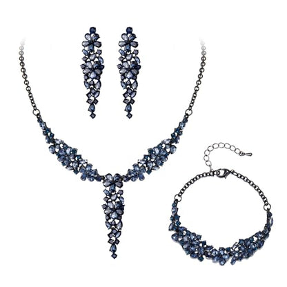 EleQueen Statement Sparkle Crystal Necklace Bracelet Dangle Earrings Set for Women, Art Deco Prom Chandelier Jewelry for Wedding Bridal - color: Black-Black-Tone