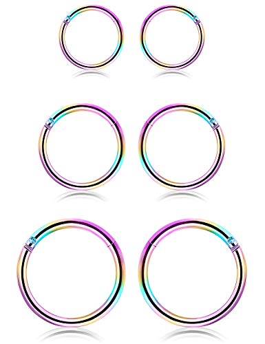 SCERRING 18G Stainless Steel Hinged Clicker Segment Septum Nose Lip Ring Hoop Cartilage Tragus Sleeper Earrings Body Piercing Jewelry 6mm 8mm 10mm 6PCS - color: 3 Pairs - Rainbow