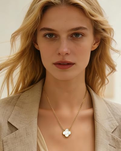 Four Leaf Clover Necklace 18K Gold Plated Necklaces for Women Lucky Flower Pendant Adjustable Link Chain Stainless Steel Dainty Trendy Simple Jewelry Gifts for Women - color: 1G-Single White