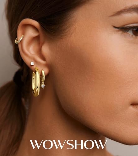 wowshow Gold Hoop Earrings for Women Chunky Hoops 14K Gold Plated Thick Hollow Tube Lightweight Earrings for Mother Birthday Gifts 20/25/30/40/50MM - color: Gold-30mm+10mm+8mm+stud