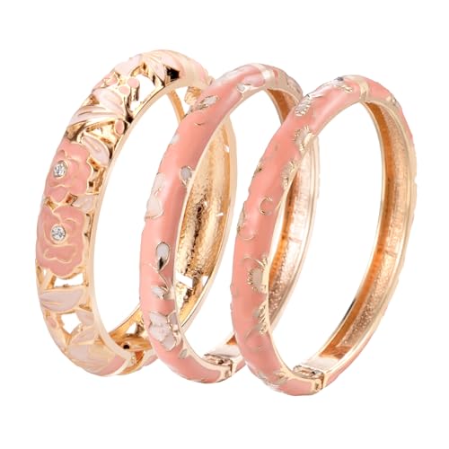 UJOY Womens Multi-Colors Cloisonne Bracelet Plated Flower Hollowed Enameled Hinged Cuff Bangles Jewelry Gift 88A10 - color: Pink-3 Pcs Set-A06