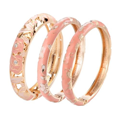 UJOY Womens Multi-Colors Cloisonne Bracelet Plated Flower Hollowed Enameled Hinged Cuff Bangles Jewelry Gift 88A10 - color: Pink-3 Pcs Set-A06