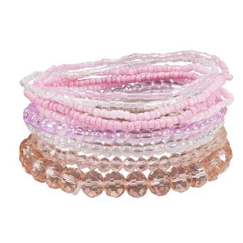 Bohemian Colorful Crystal Glass Beads Seed Beaded Bracelet Handmade Adjustable Stackable Elastic Strand Bangle for Women Summer Beach Hawaii Boho Wristbands Jewelry - color: clear pink