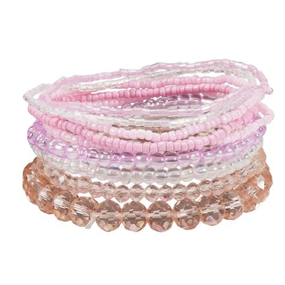 Bohemian Colorful Crystal Glass Beads Seed Beaded Bracelet Handmade Adjustable Stackable Elastic Strand Bangle for Women Summer Beach Hawaii Boho Wristbands Jewelry - color: clear pink