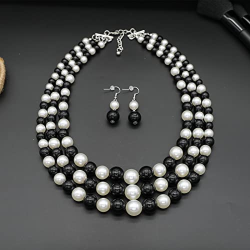 Chunky Layered Imitation Pearl Necklace for Women 3 strand Pearl Necklaces Faux Pearl Necklace Earrings Set 1920s Flapper Gatsby Costume Accessories - color: 3 strand pearl necklace black white