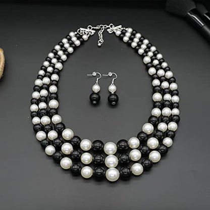 Chunky Layered Imitation Pearl Necklace for Women 3 strand Pearl Necklaces Faux Pearl Necklace Earrings Set 1920s Flapper Gatsby Costume Accessories - color: 3 strand pearl necklace black white