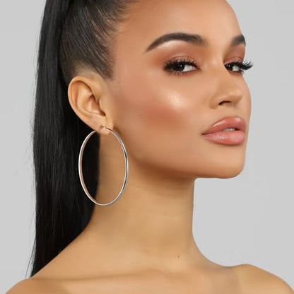 3mm Wide Large Hoop Earrings for Women Hypoallergenic 925 Sterling Silver Post Gold Earrings Lightweight Silver Hoop Earrings Oversize Big Gold Hoops 30/40/50/60MM - color: Silver, size: 70mm