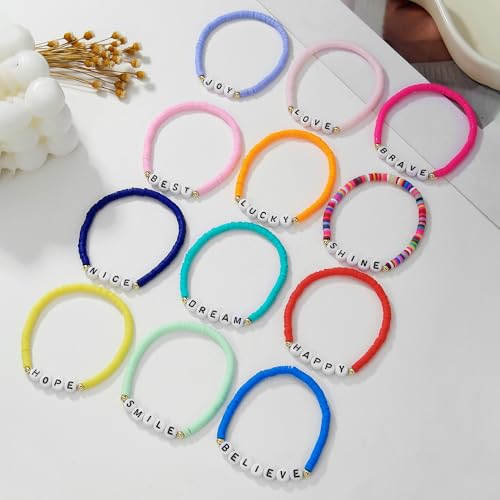 Heishi Surfer Clay Bead Bracelets Set for Women - Preppy Smile Evil Eye Beaded Stretch Bracelets Elastic Layering Friendship Bracelets- Stackable Boho Disc Summer Jewelry Set - color: 12PC-CLAY-black