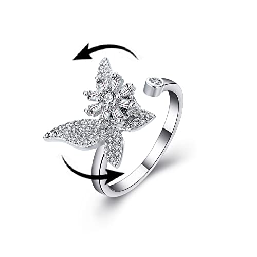 COLORFUL BLING Fidget Sunflower Evil Eye Daisy Spinner Stackable Rings Bee Butterfly Adjustable Open Rotatable CZ Cubic Zirconia Anti Stress for Women Wedding Jewelry - style: Silver Butterfly