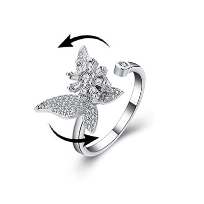 COLORFUL BLING Fidget Sunflower Evil Eye Daisy Spinner Stackable Rings Bee Butterfly Adjustable Open Rotatable CZ Cubic Zirconia Anti Stress for Women Wedding Jewelry - style: Silver Butterfly
