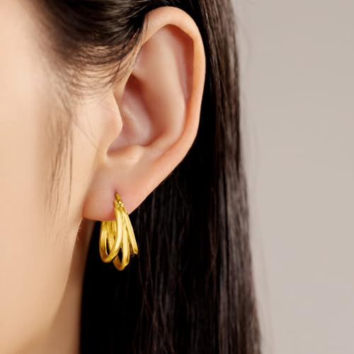 Sterling Silver 18K Gold Plated Women's Earrings Hypoallergenic Hoops, Dainty Trendy Jewelry Gift - color: Golden | Gold Triple Hoop Earrings