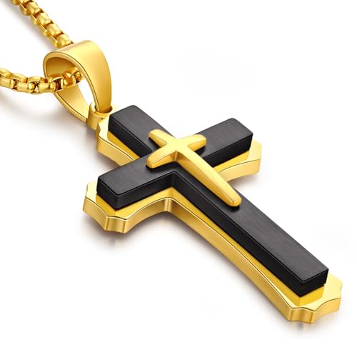 Men's Cross Necklace 316L Stainless Steel Large Heavy Cross Pendant for Men Polished Jewelry Rolo Chain with 22'' 24'' 26'' - color: G-Black and Gold-Tone, size: 24 inch