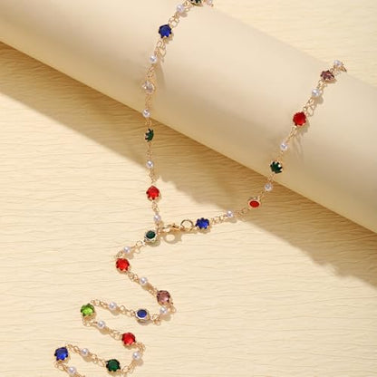 KURTCB Rhinestone Necklace for Women Boho Long Y Lariat Gold Necklace Stack Colorful Summer Beach Jewelry - color: Multi P