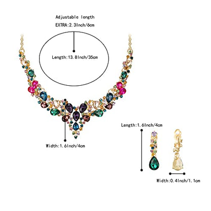 Wedding Statement Necklace Clip-on Earrings Jewelry Set | Sparkling Austrian Crystal Teardrop Cluster for Party Prom Accessories - color: 13-Multicolor Gold-Tone