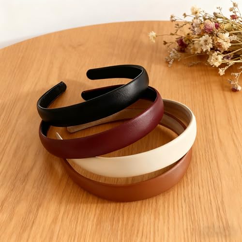 PU Leather Headbands for Women,2 Pcs Non-slip Fashion Wide Padded Hairband Fashion Hair Bands Cute Womens Headbands Holiday DIY Hair Accessories(Red+Brownish-yellow)