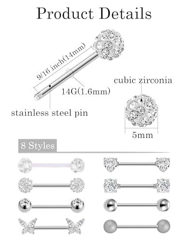 Akeoqi 8 Pairs Nipple Rings Tongue Ring 14G Stainless Steel CZ Ball Heart Butterfly Nipple Straight Barbells Body Piercing Jewelry for Women Men Silver Rose Gold Plated 14mm - color: B:Silver, size: 14mm
