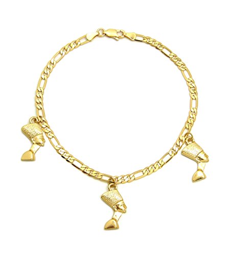 Fashion 21 Women's Cross, Ankh, Queen Nefertiti Piece 10 inches Figaro Chain Anklet Foot Bracelet in Gold Tone - style: 3 Nefertiti Charms/ Figaro
