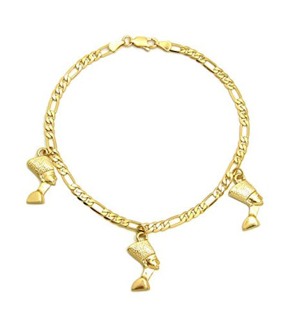 Fashion 21 Women's Cross, Ankh, Queen Nefertiti Piece 10 inches Figaro Chain Anklet Foot Bracelet in Gold Tone - style: 3 Nefertiti Charms/ Figaro