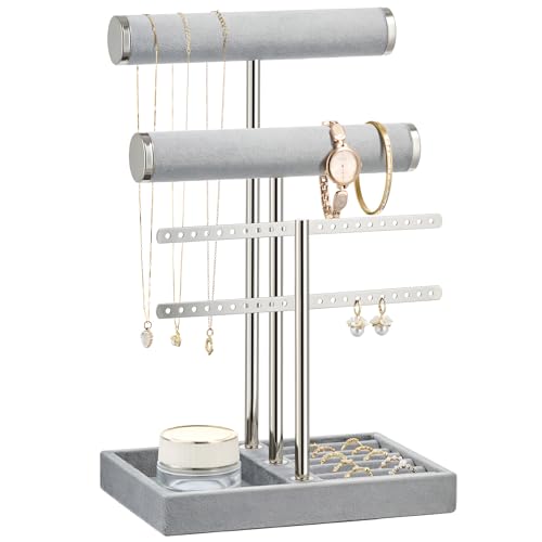 Jewelry Organizer Stand for Necklaces, Bracelets, Earrings, Rings, Grey | 3 Tier Velvet Bracelet Holder Display | Jewelry Organizers and Storage | Jewelry Tree | Jewelry Towers - color: Grey, size: Standard
