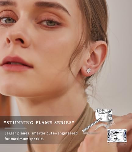 "STUNNING FLAME" Trillion-cut/Cushion-cut/Emerald-cut/Marquise-cut ... 18K White Gold Plated Sterling Silver Cubic Zirconia Simulated Diamond Stud Earrings for Women - color: Radiant-Cut, size: medium-white gold plated silver